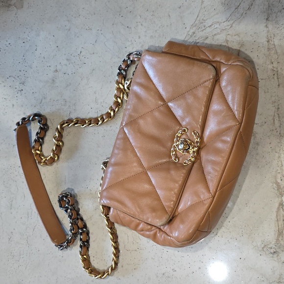 CHANEL Handbags - CHANEL 19 Medium Tan Quilted Leather Bag